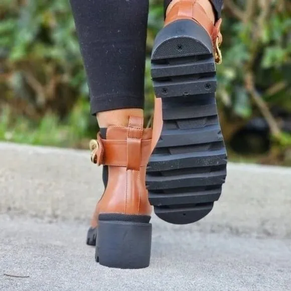 Women's Tan Combat Ankle Boots Heeled Booties