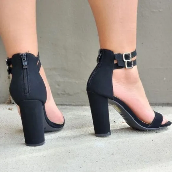 Women's Black Chunky Heeled Double Ankle Strap Sandals