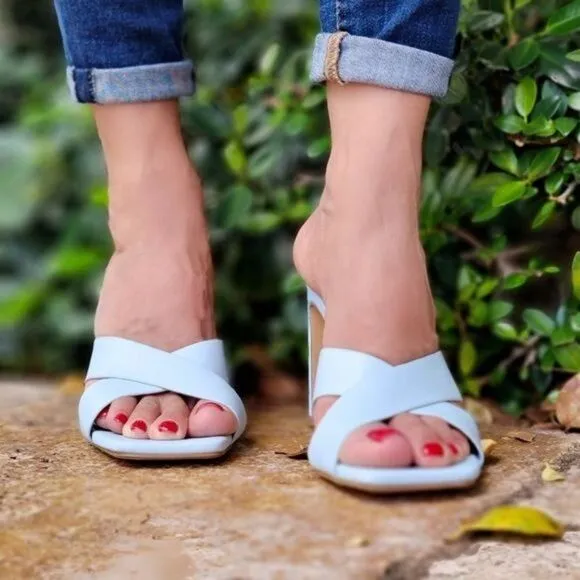 Women's Blue Bandage Square Toe Sandals Chunky Heels