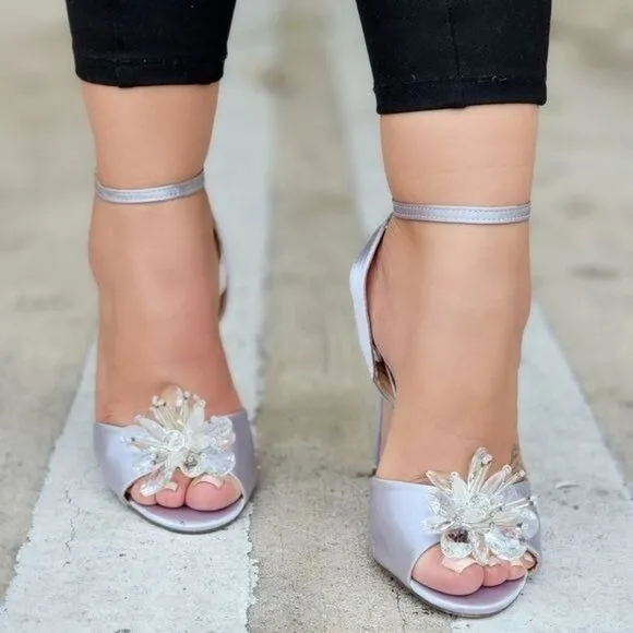 Women's Silver Satin Ankle Strap High Heels