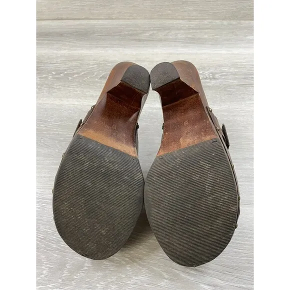 Y2K Mia Women's 8 Brown Leather Slip-On Studded Wooden Heel Vintage Mule Shoes