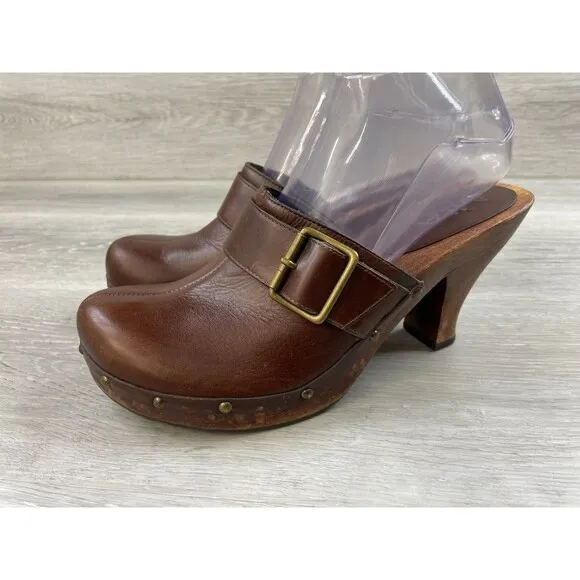 Y2K Mia Women's 8 Brown Leather Slip-On Studded Wooden Heel Vintage Mule Shoes