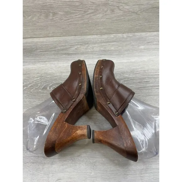 Y2K Mia Women's 8 Brown Leather Slip-On Studded Wooden Heel Vintage Mule Shoes