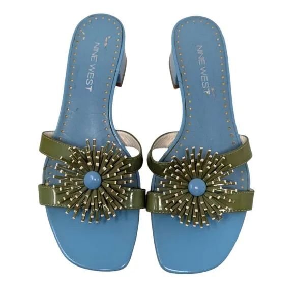 Y2K Nine West Mule Sandal with Floral Detail Blue and Green Size 7