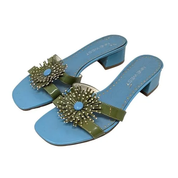 Y2K Nine West Mule Sandal with Floral Detail Blue and Green Size 7