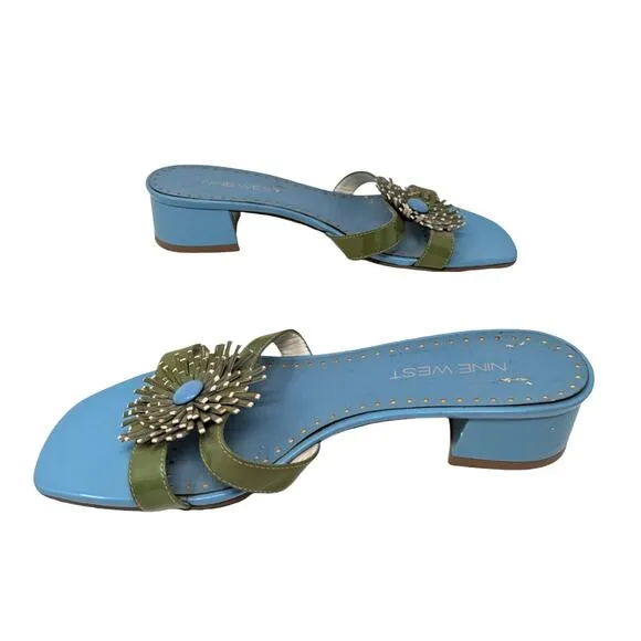 Y2K Nine West Mule Sandal with Floral Detail Blue and Green Size 7