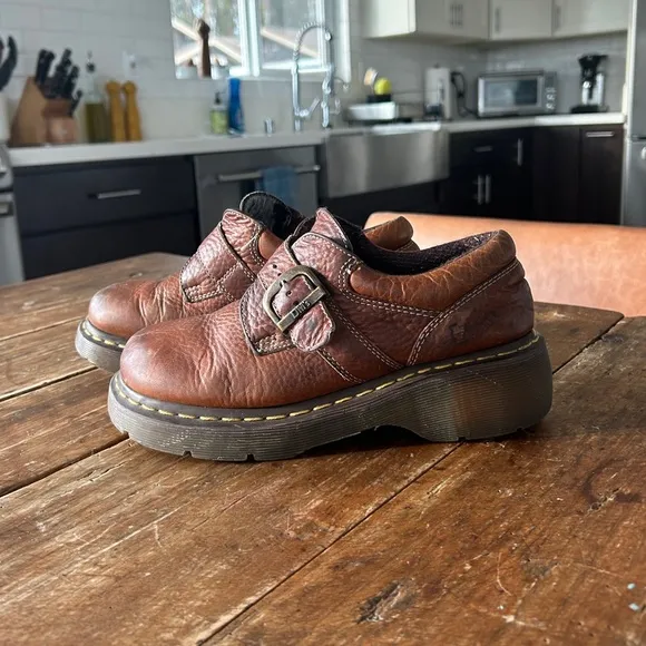 Y2K Vintage Dr Martens Monk Strap Chunky Oxford Brown Leather Shoes 7 Womens