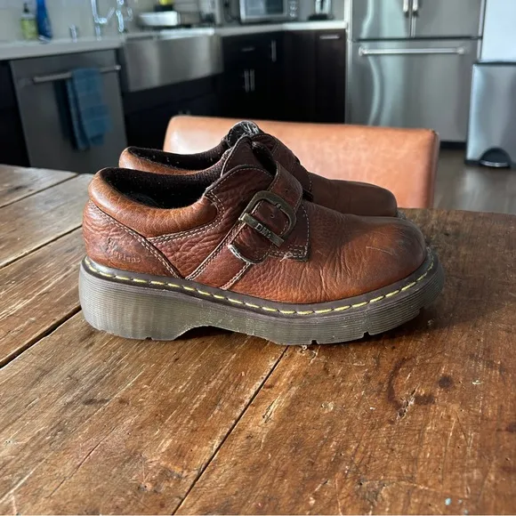 Y2K Vintage Dr Martens Monk Strap Chunky Oxford Brown Leather Shoes 7 Womens