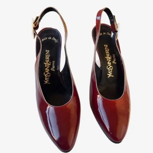 Yves Saint Laurent Patent Leather Buckle Slingback Pump Contrast Heels Womens 8