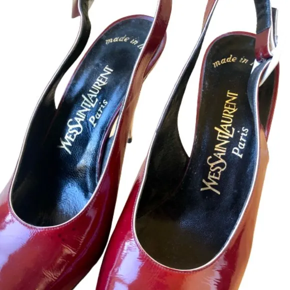 Yves Saint Laurent Patent Leather Buckle Slingback Pump Contrast Heels Womens 8