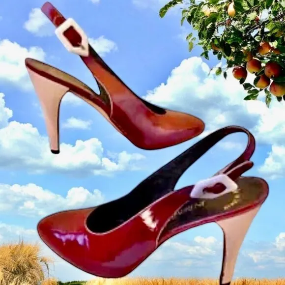 Yves Saint Laurent Patent Leather Buckle Slingback Pump Contrast Heels Womens 8
