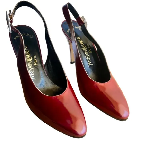 Yves Saint Laurent Patent Leather Buckle Slingback Pump Contrast Heels Womens 8