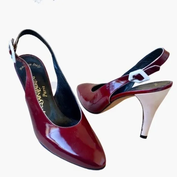 Yves Saint Laurent Patent Leather Buckle Slingback Pump Contrast Heels Womens 8