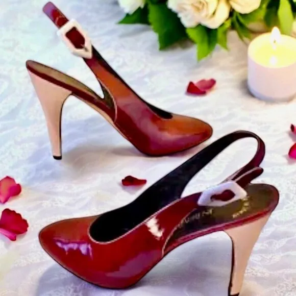 Yves Saint Laurent Patent Leather Buckle Slingback Pump Contrast Heels Womens 8