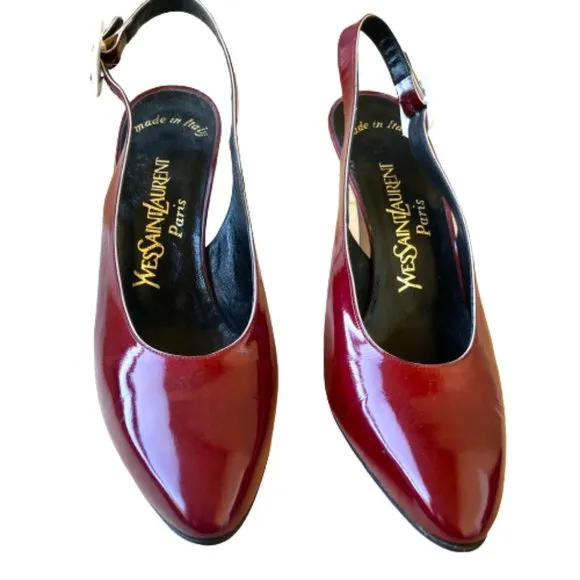 Yves Saint Laurent Patent Leather Buckle Slingback Pump Contrast Heels Womens 8