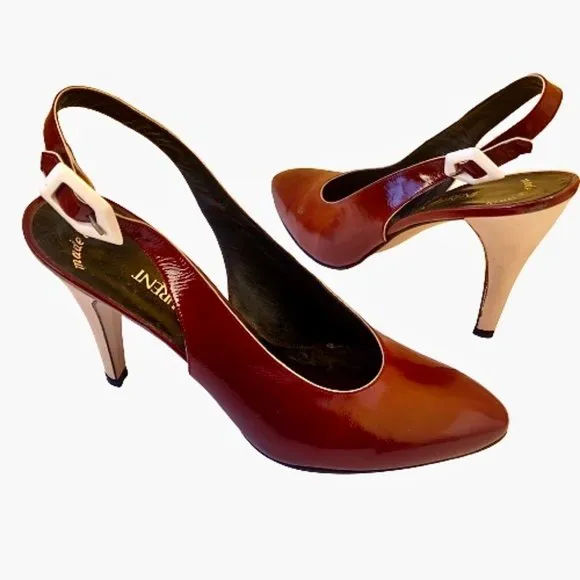 Yves Saint Laurent Patent Leather Buckle Slingback Pump Contrast Heels Womens 8