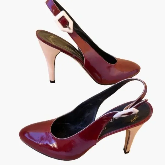 Yves Saint Laurent Patent Leather Buckle Slingback Pump Contrast Heels Womens 8
