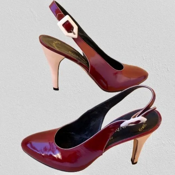 Yves Saint Laurent Patent Leather Buckle Slingback Pump Contrast Heels Womens 8