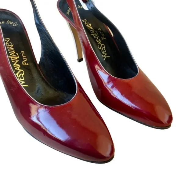 Yves Saint Laurent Patent Leather Buckle Slingback Pump Contrast Heels Womens 8