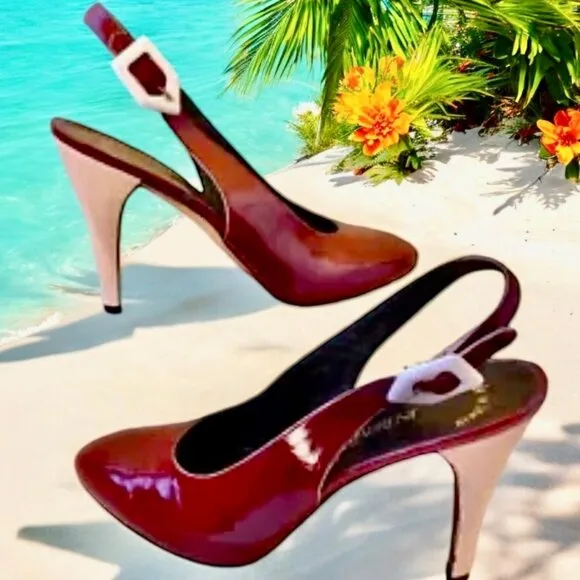 Yves Saint Laurent Patent Leather Buckle Slingback Pump Contrast Heels Womens 8