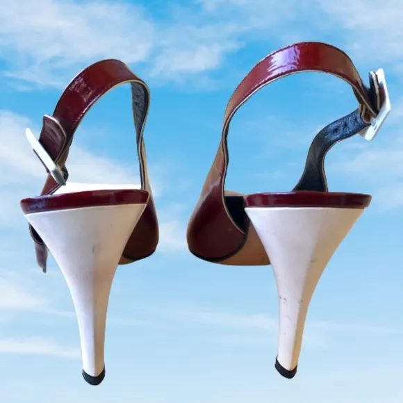 Yves Saint Laurent Patent Leather Buckle Slingback Pump Contrast Heels Womens 8