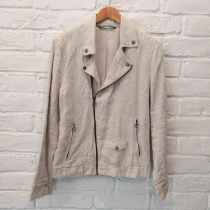 Zara 100% Linen Biker Jacket Mens M Beige Zipped Moto Fitted Quilted Shoulders,