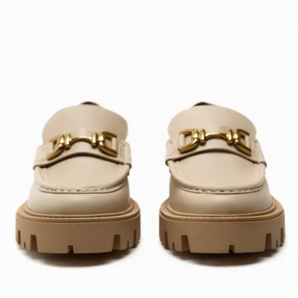 Zara Chunky Nude Beige Leather Loafers Shoes Size 11