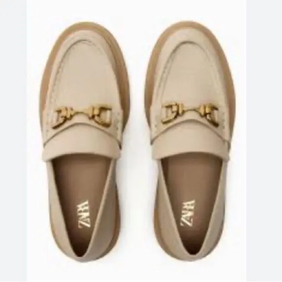 Zara Chunky Nude Beige Leather Loafers Shoes Size 11