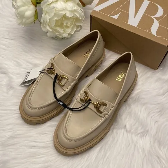 Zara Chunky Nude Beige Leather Loafers Shoes Size 11
