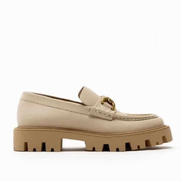 Zara Chunky Nude Beige Leather Loafers Shoes Size 11