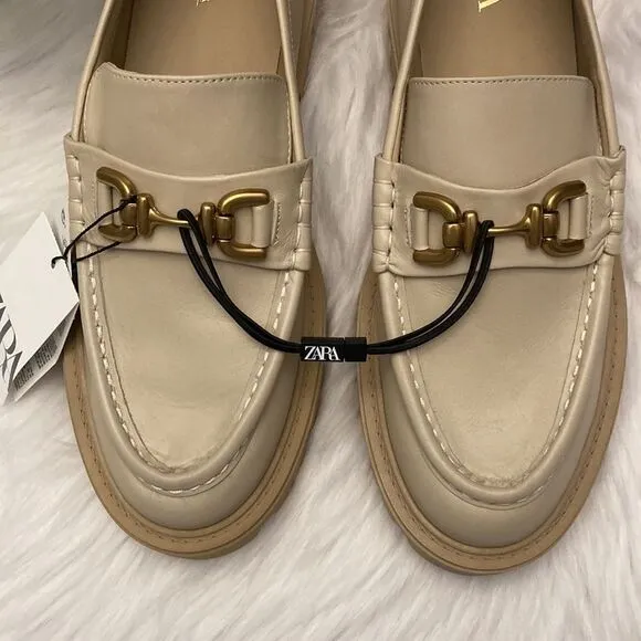 Zara Chunky Nude Beige Leather Loafers Shoes Size 11