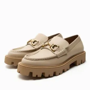 Zara Chunky Nude Beige Leather Loafers Shoes Size 11