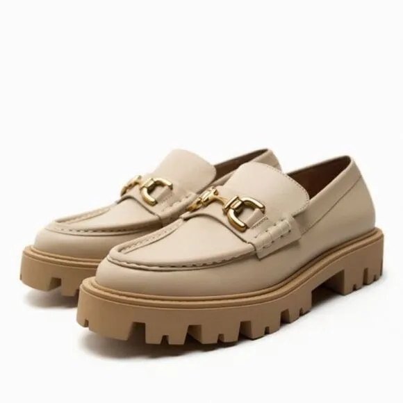 Zara Chunky Nude Beige Leather Loafers Shoes Size 11