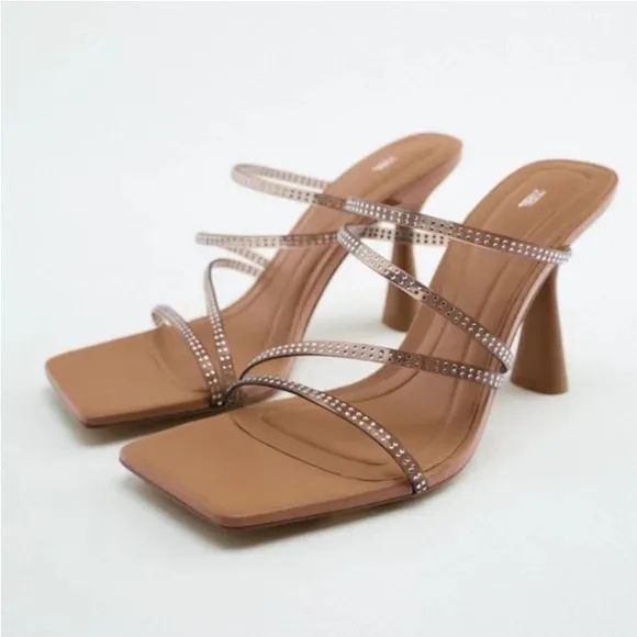 ZARA HEELED SANDALS WITH RHINESTONE Tan Sandals with Transparent Straps.9us/40