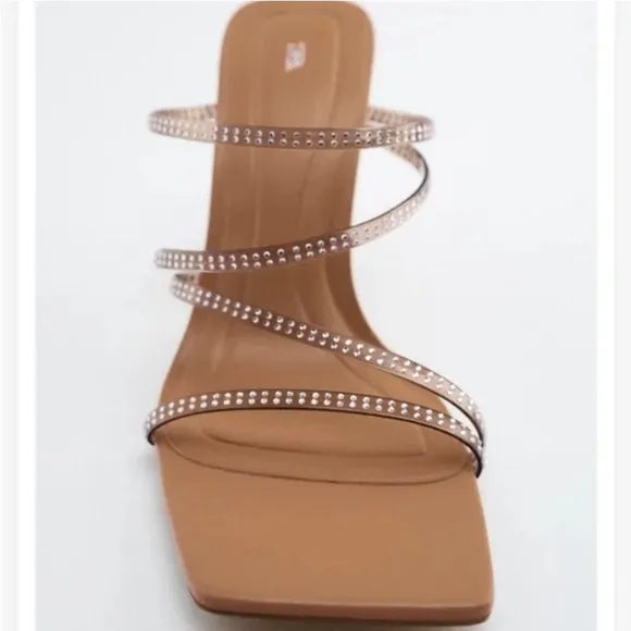 ZARA HEELED SANDALS WITH RHINESTONE Tan Sandals with Transparent Straps.9us/40