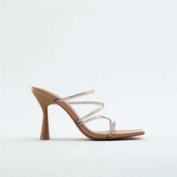 ZARA HEELED SANDALS WITH RHINESTONE Tan Sandals with Transparent Straps.9us/40