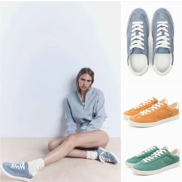 Zara Leather Athletic Lace-up Sneakers Shoes comfort SoleTurquoise Blue NWT