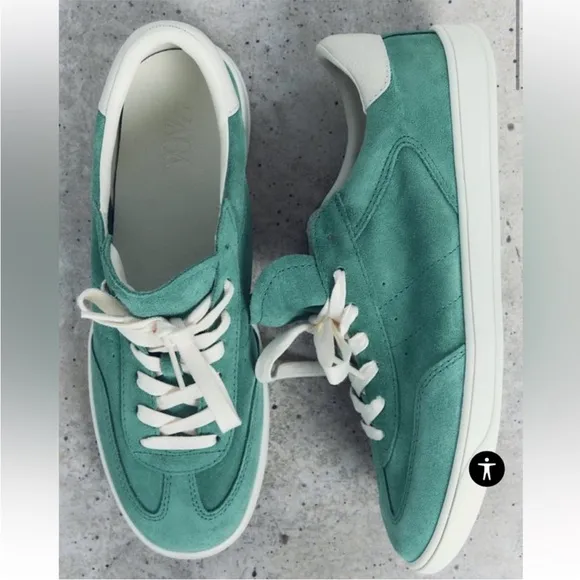 Zara Leather Athletic Lace-up Sneakers Shoes comfort SoleTurquoise Blue NWT