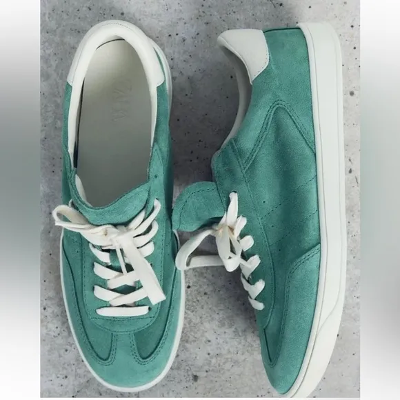 Zara Leather Athletic Lace-up Sneakers Shoes comfort SoleTurquoise Blue NWT