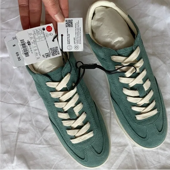 Zara Leather Athletic Lace-up Sneakers Shoes comfort SoleTurquoise Blue NWT