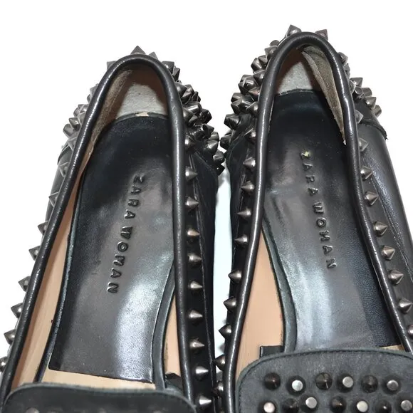 ZARA Spiked Studded Soft Black Real Genuine Leather Loafers Oxford Shoes 6.5