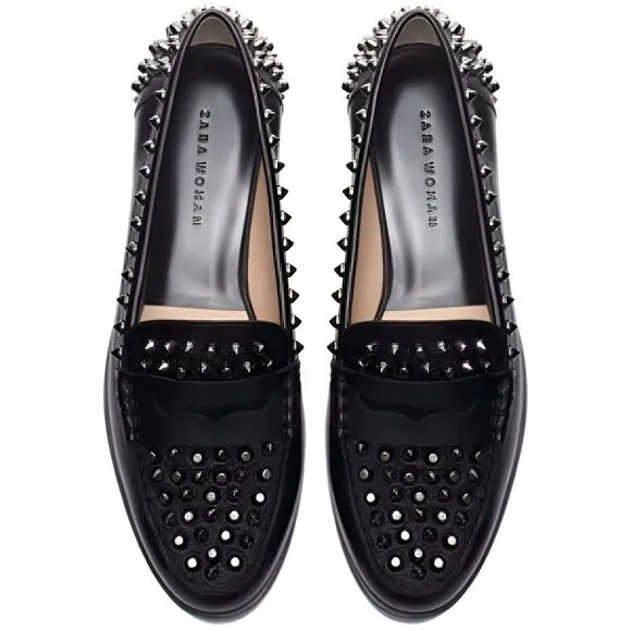ZARA Spiked Studded Soft Black Real Genuine Leather Loafers Oxford Shoes 6.5