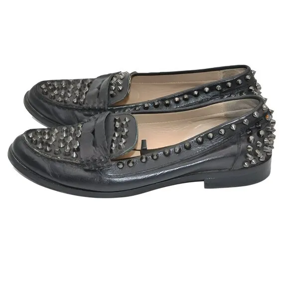 ZARA Spiked Studded Soft Black Real Genuine Leather Loafers Oxford Shoes 6.5