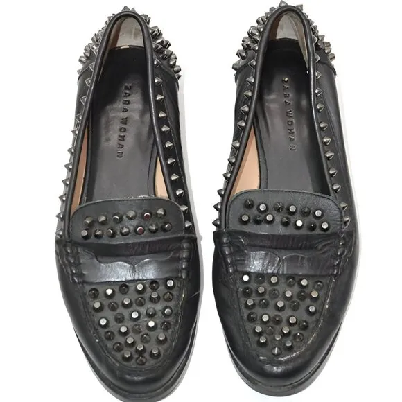 ZARA Spiked Studded Soft Black Real Genuine Leather Loafers Oxford Shoes 6.5