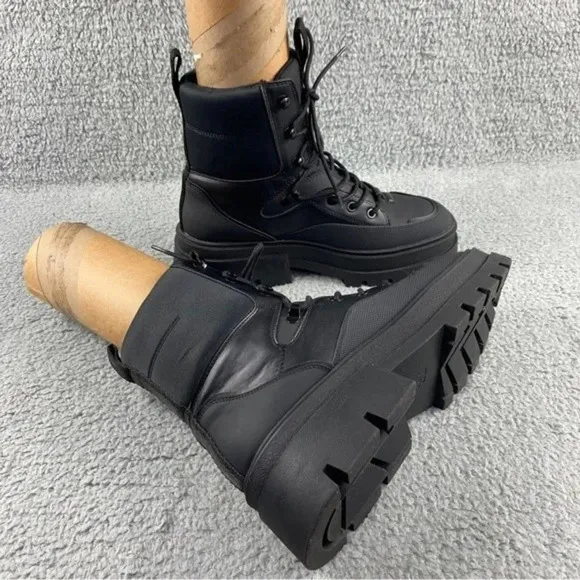 ZARA CHUNKY‎ Ankle Womens 9 Boots Black Combat Shoes Lace Up Platform Wedge