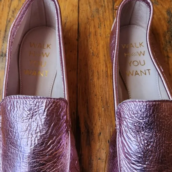 ZVELLE V Metallic Pink Crinkle Leather Moccasin Loafers