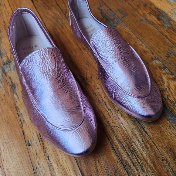 ZVELLE V Metallic Pink Crinkle Leather Moccasin Loafers