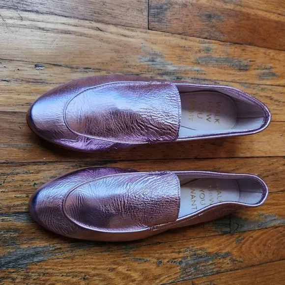 ZVELLE V Metallic Pink Crinkle Leather Moccasin Loafers