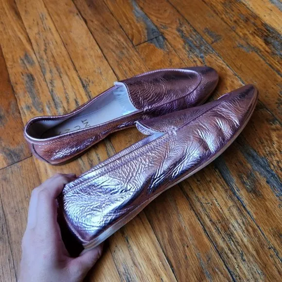 ZVELLE V Metallic Pink Crinkle Leather Moccasin Loafers