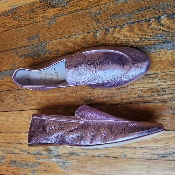 ZVELLE V Metallic Pink Crinkle Leather Moccasin Loafers